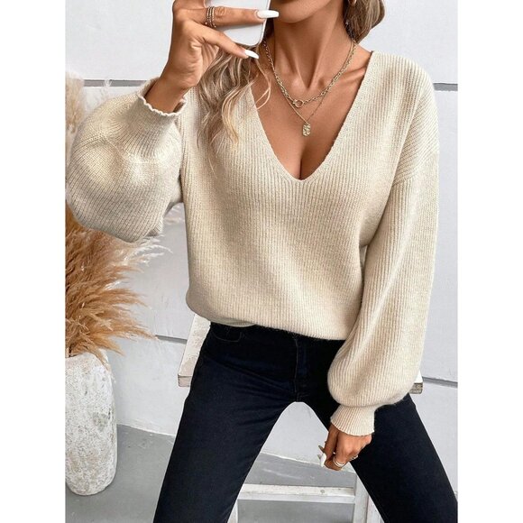 V Neck Sweater Women Knit Off Shoulder Long Sleeve Top Tie Back Apricot - Picture 3 of 6